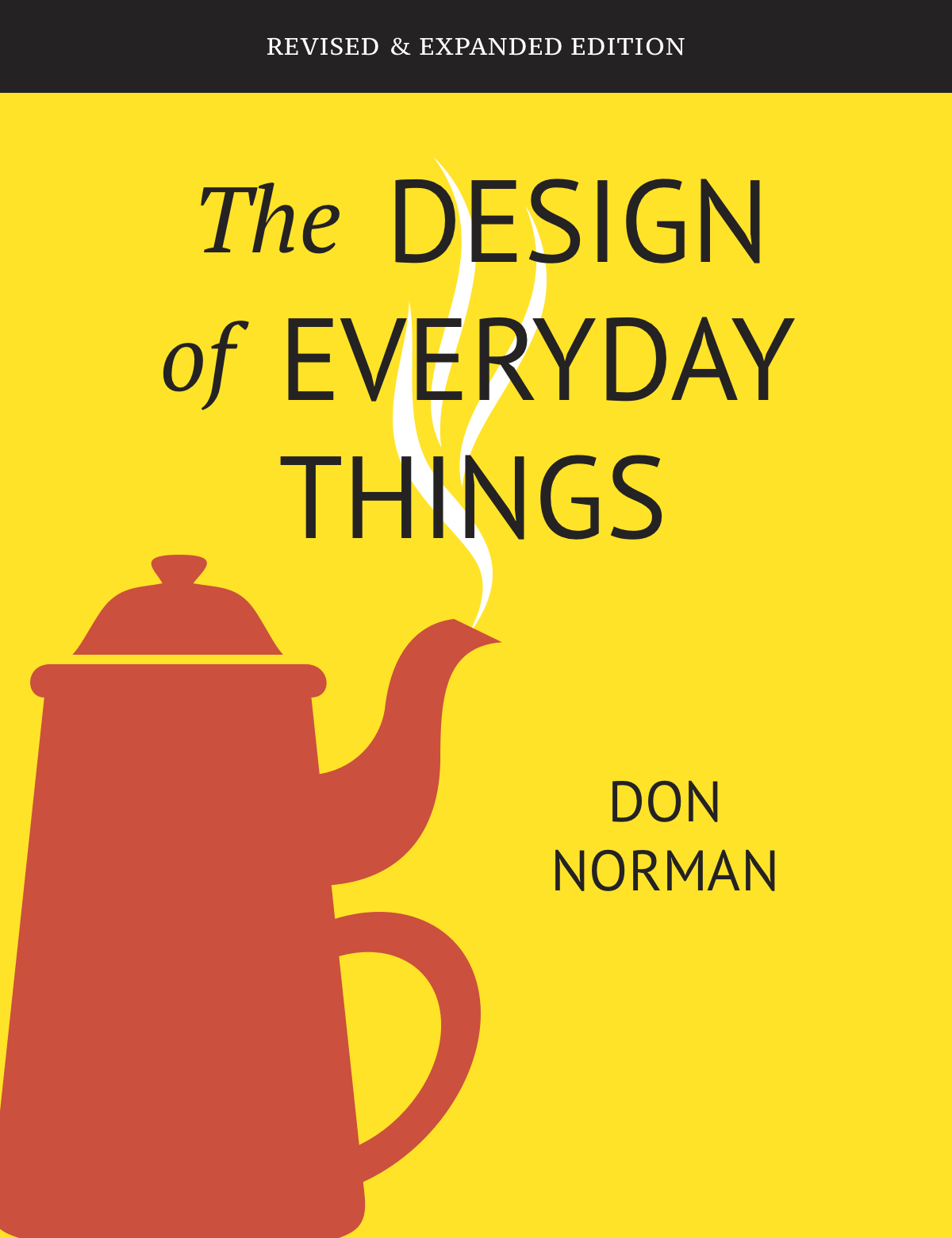 Stylized book cover of Design of Everyday Things showing the masochistic tea pot with the handle directly below the spout